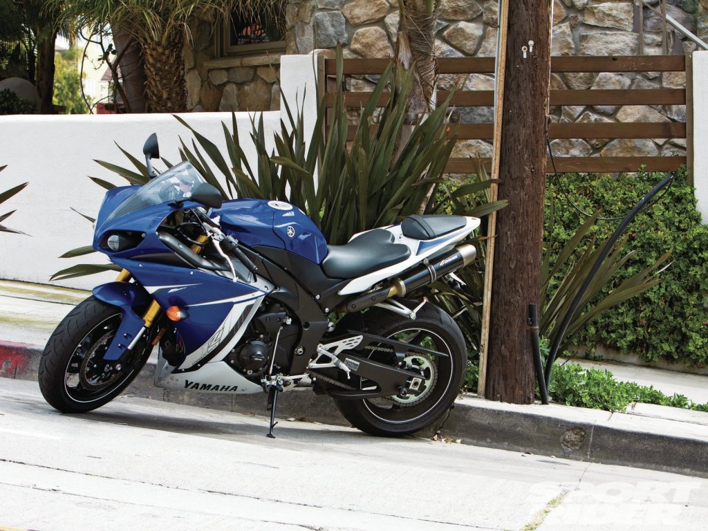 Yamaha R1 parked on a steep hill