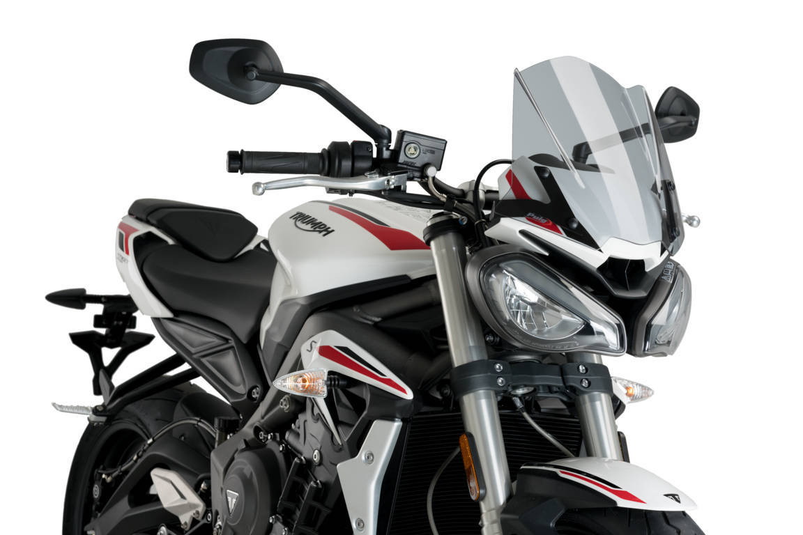 Image of an aftermarket Puig windscreen on a Triumph Street Triple S on a white background.