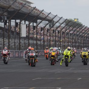 Motorcycle racers on the MotoGP racetrack