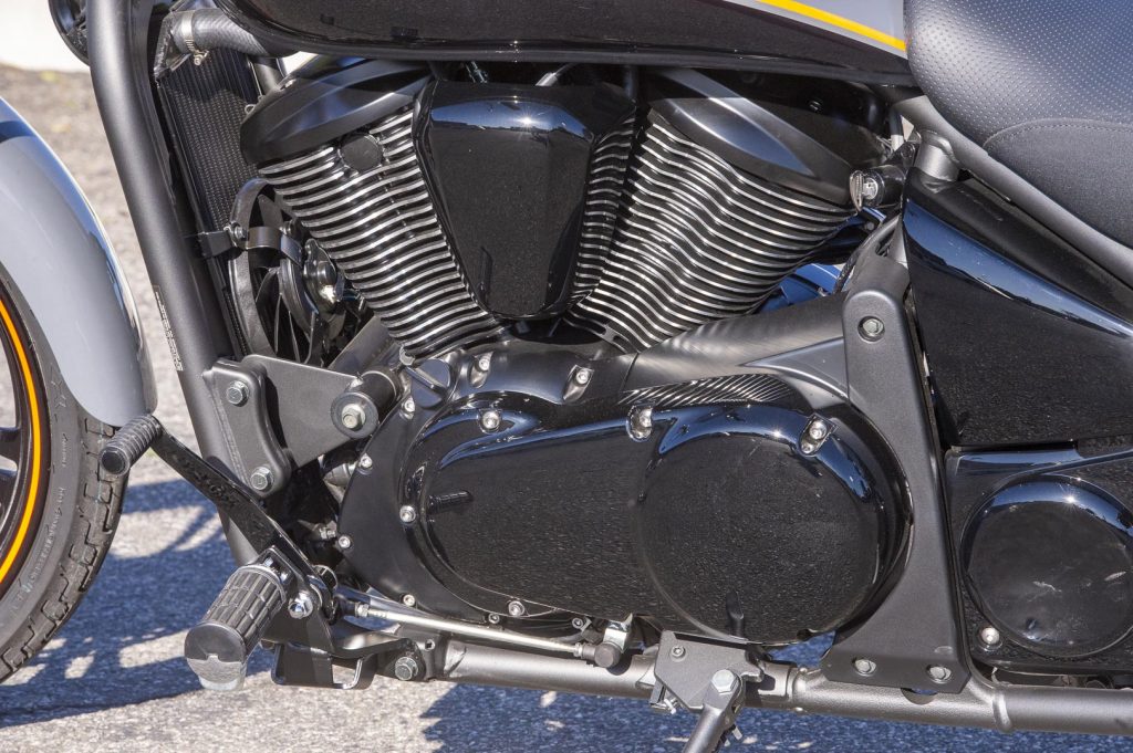 Close-up of V-twin engine in Kawasaki Vulcan 900 Custom